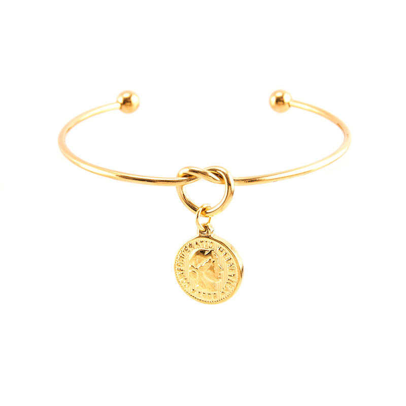 Knot Heart Bangle For Women Gold Color Disc Coin Charm Open Cuff Wrist Bangle Stainless Steel Jewelry Fashion Gifts